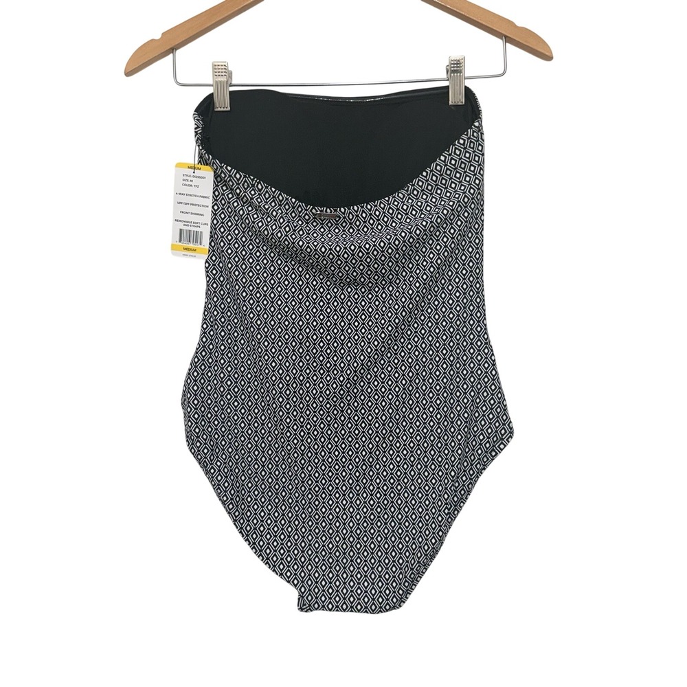NWT DKNY Strapless Shirred One-Piece Swimsuit, Black White Geo, Sz M, MSRP $118 - Picture 4 of 10